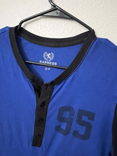 Express Men's S Blue Graphic Men Henley Short Sleeve 4-Buttons Pullover - Picture 2 of 5