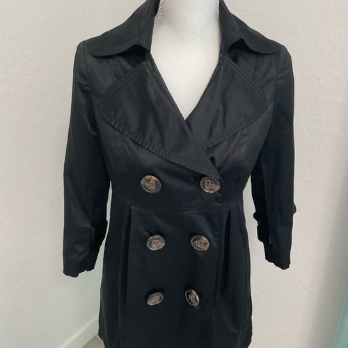 XOXO Black Double Breasted Trench Coat Size M Satin Y2K Belted Button Jacket - Picture 2 of 12