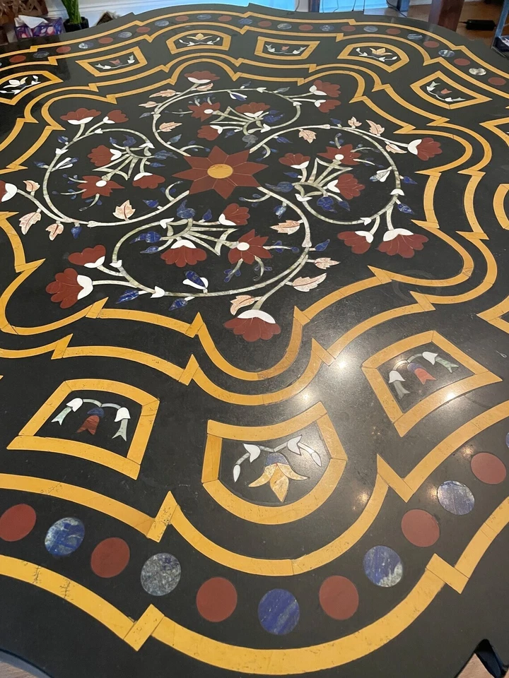 Vintage Inlaid Stone Black Marble Round Kitchen Table Home Decor Carved Table - Image 4 of 4