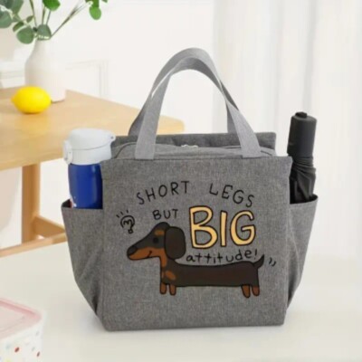 Dachshund Lunch Bag Insulated Tote Cooler Short Legs Big Attitude Gray Dog Work