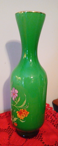 PRETTY VTG GREEN FLORAL GLASS VASE w/22k Gold TRIM MADE IN ITALY-9 1/2" T x 3" W - Bild 4 von 7