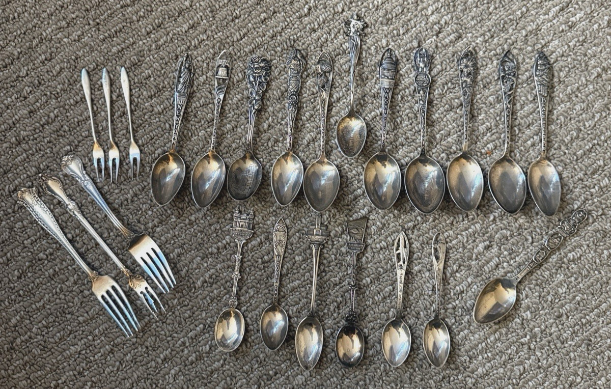 375g ESTATE STERLING SILVER Souvenir Spoon & Flatware LOT 22 Vintage Antique