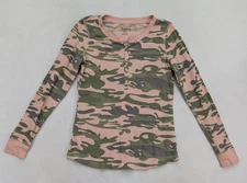 Natural Reflections Women's Top Size S Pink Green Camo Waffle Knit Thermal
