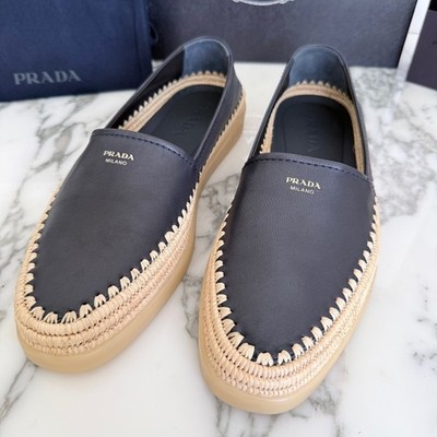Prada Nappa Leather Mens Loafers Blue Espadrille Rope Trim SlipOn 2DG156 US8