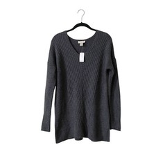 LOFT Ribbed Sweater Women's Size S Charcoal Gray Cotton Blend V-Neck Side Slits