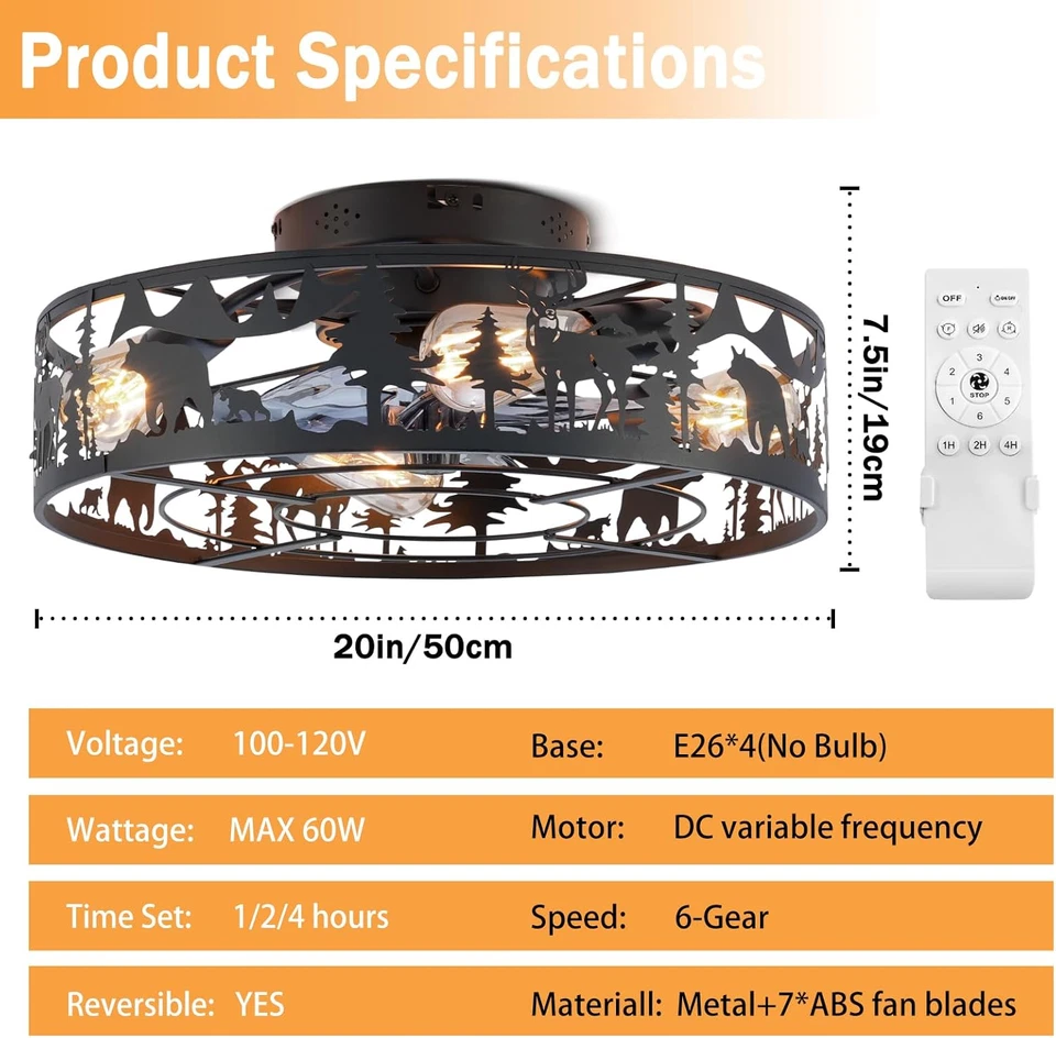 Farmhouse Rustic Ceiling Fan with Light - Bear Deer Design, 6 Speeds Black Caged - Image 2 of 4