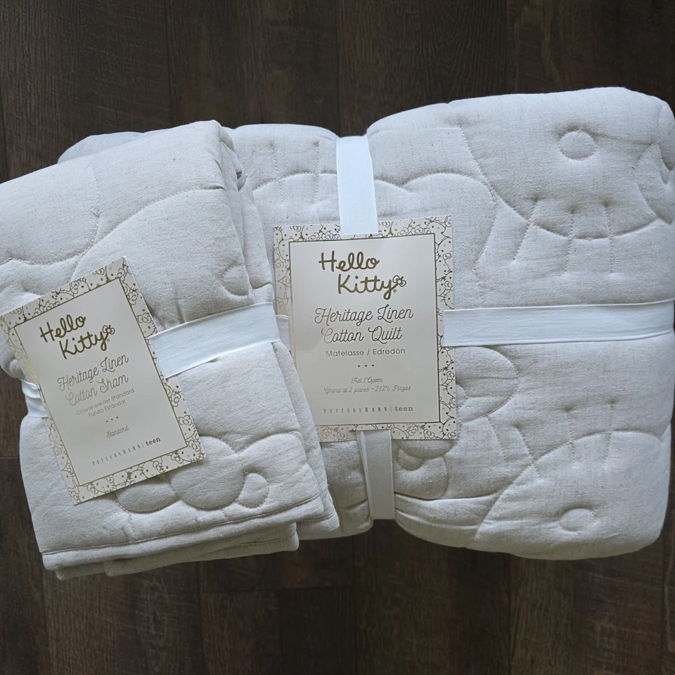 POTTERY BARN TEEN HELLO KITTY Heritage lino algodón f/q edredón y 1 std juego de farsa Foto 2 de 4