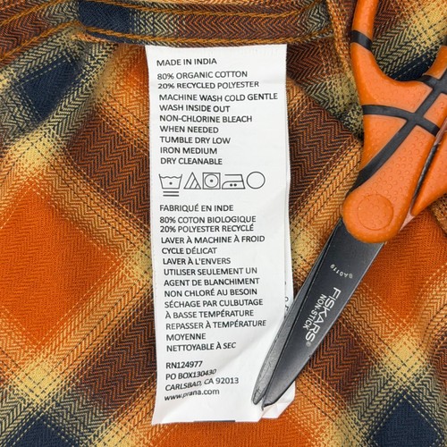 Prana Shirt Mens Medium Orange Plaid Flannel Casual Standard Fit Organic Cotton - Picture 5 of 7