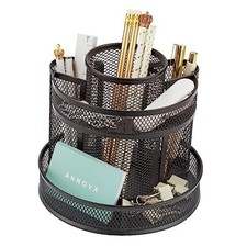 Mesh Desk Organizer Rotate with 5 Compartments Round Spinning Tidy Black
