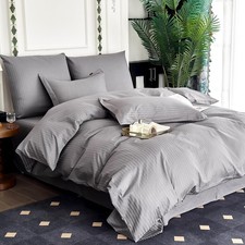 Hotel Duvet Cover King Size Cotton Grey Satin Pin Striped 3 Pc Set Natural ...