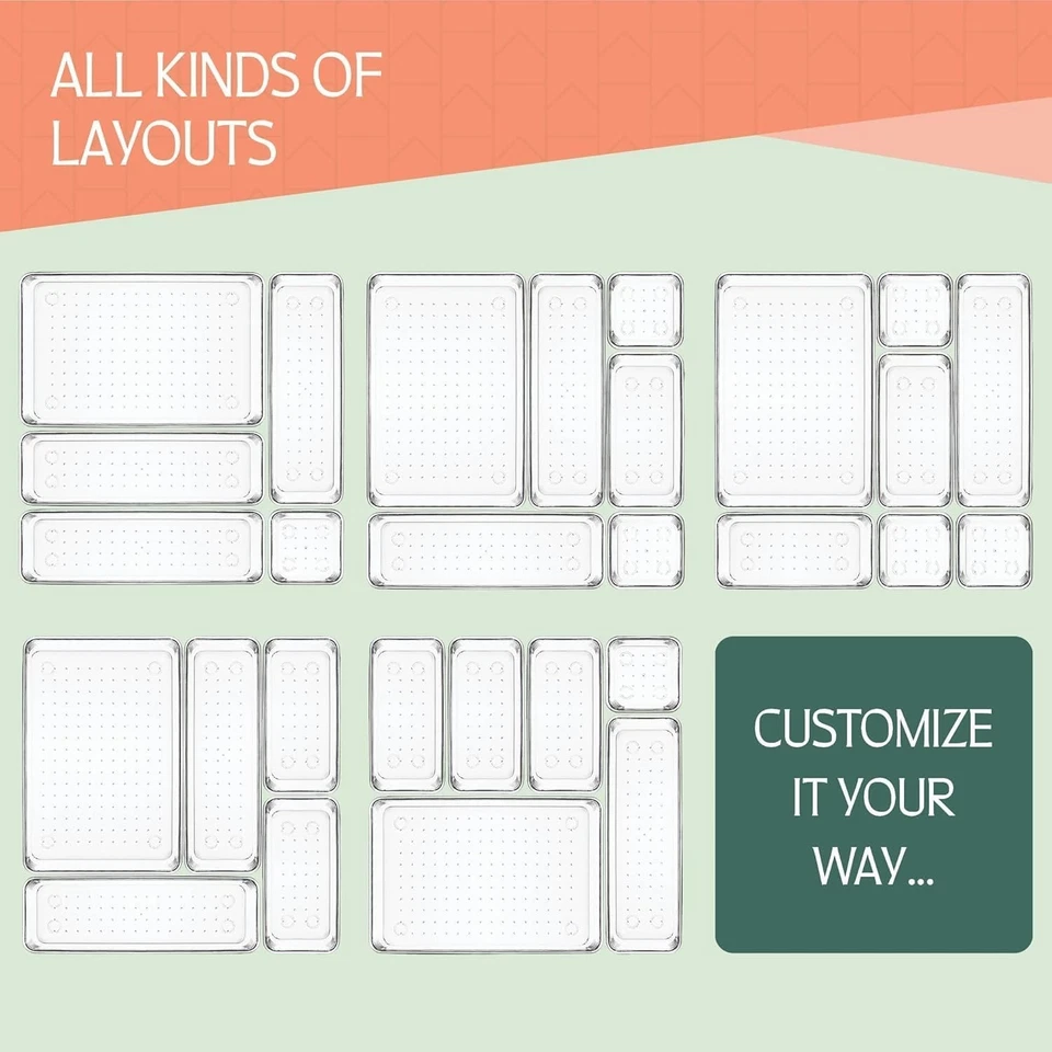 Juego de organizadores de cajones de plástico transparente de 25 piezas 4 tamaños organizadores de cajones transparentes y... Foto 4 de 4