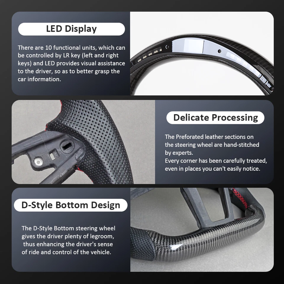 LED Carbon Fiber Steering Wheel W/Red Stitching For Audi B9 A3 A4 A5 RS3 RS4 S3 - Image 4 of 4