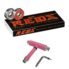 Bones Reds Skateboard Bearings 8mm Size 608 8 Pack  Spacers AND PINK T-TOOL
