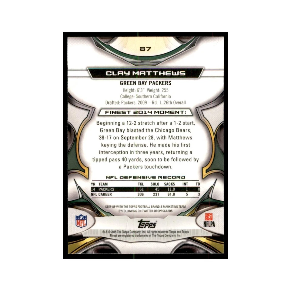 2015 Topps Finest Clay Matthews Football Cards #87 - Image 2 of 3