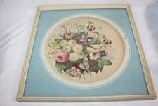Antique Framed Floral Still Life Print 14.5" x 14.5" Circular Matt Under Glass