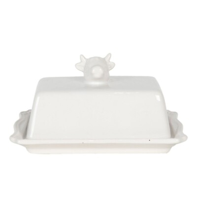 Clayre & Eef Butterdose Kuh weiss Keramik rechteckig 18cm x 14cm x 8cm