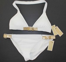  340.00 Michael Kors Belted Halter Top  Hipster Bikini Bottoms set white sz 12