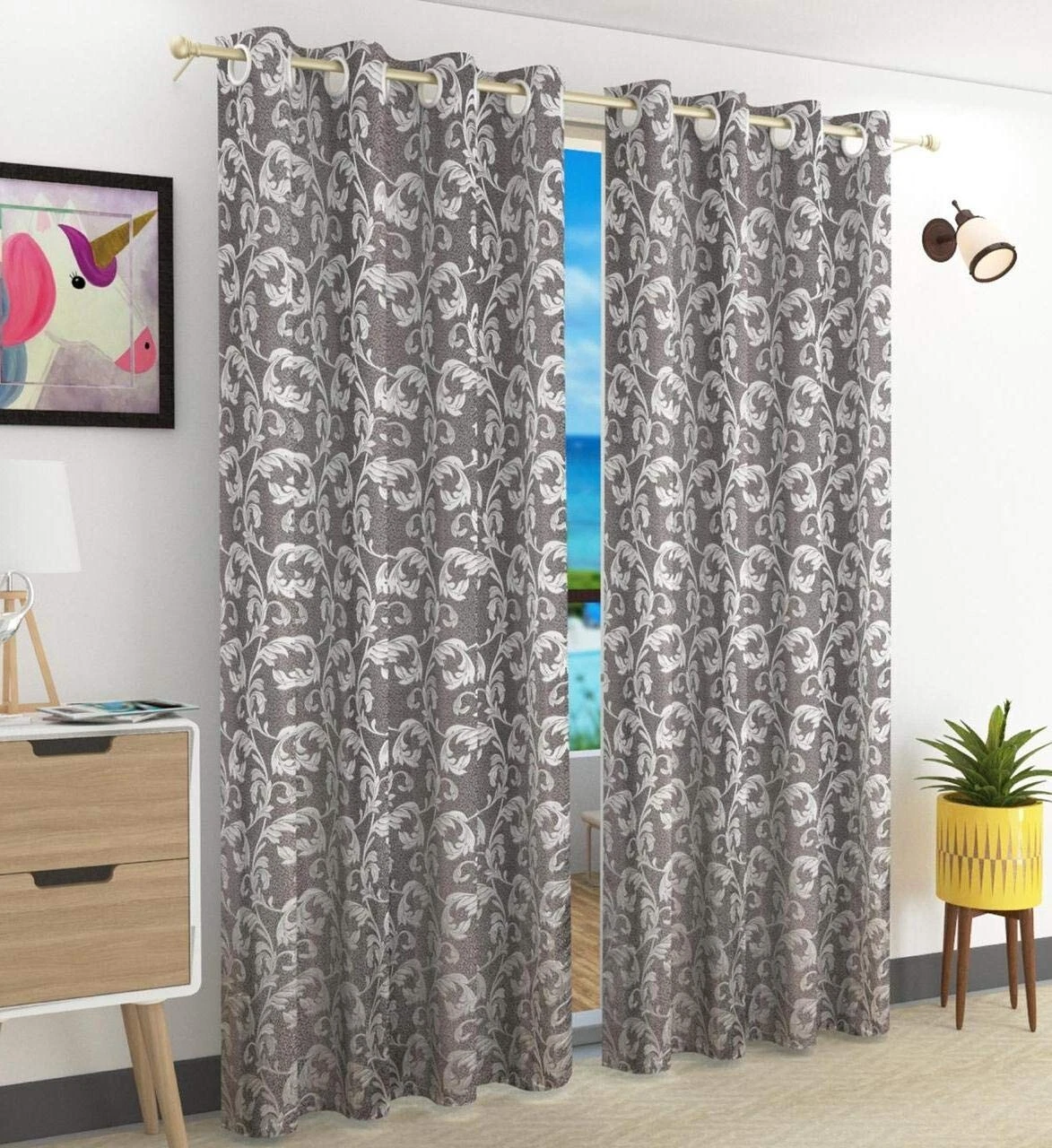 Nuevo Set De 2 Piezas Poliéster Puerta Cortinas Juego 2.7m Largo Gris Oscuro