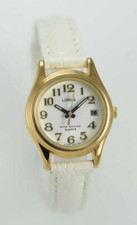 Lorus Seiko Women Watch Stainless Gold White Leather Water Re Batt Date Quartz