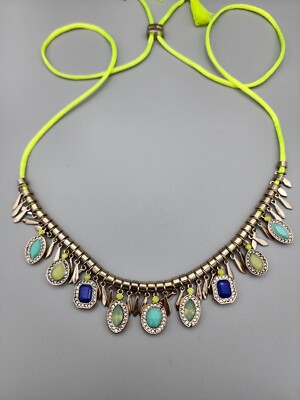 Kent & King Colorful Rhinestone & Crystals Fringe on Yellow Silk Cord Necklace
