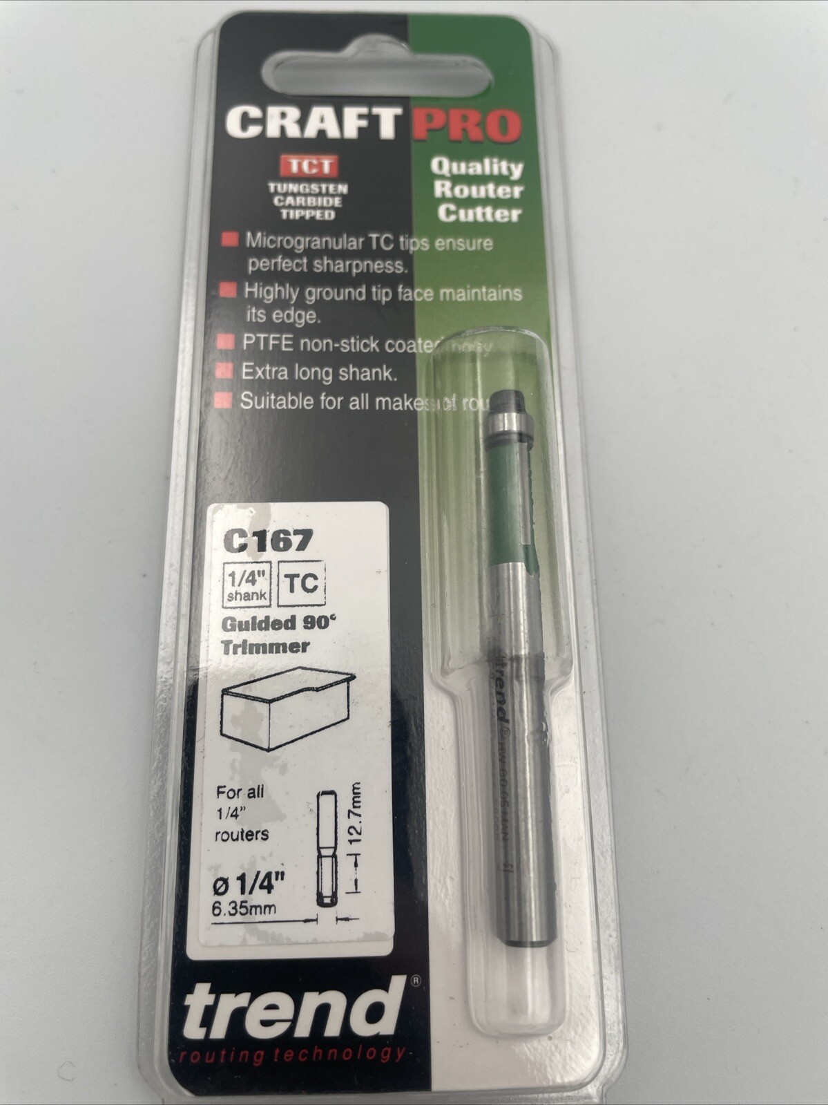 Trend C167X1/4TC CraftPro Guided Trimmer Router Cutter 6.35mm Dia x 12.7mm Cut x
