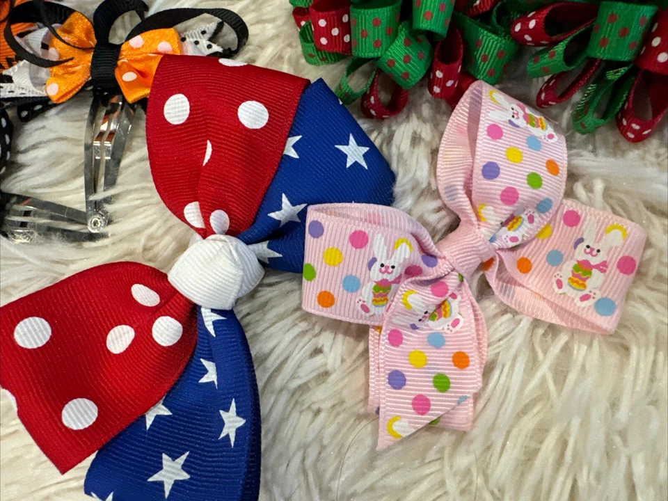 Small Holiday Hair Bows / LOT Of 22 Christmas Halloween Easter 4th of July - Image 2 of 4