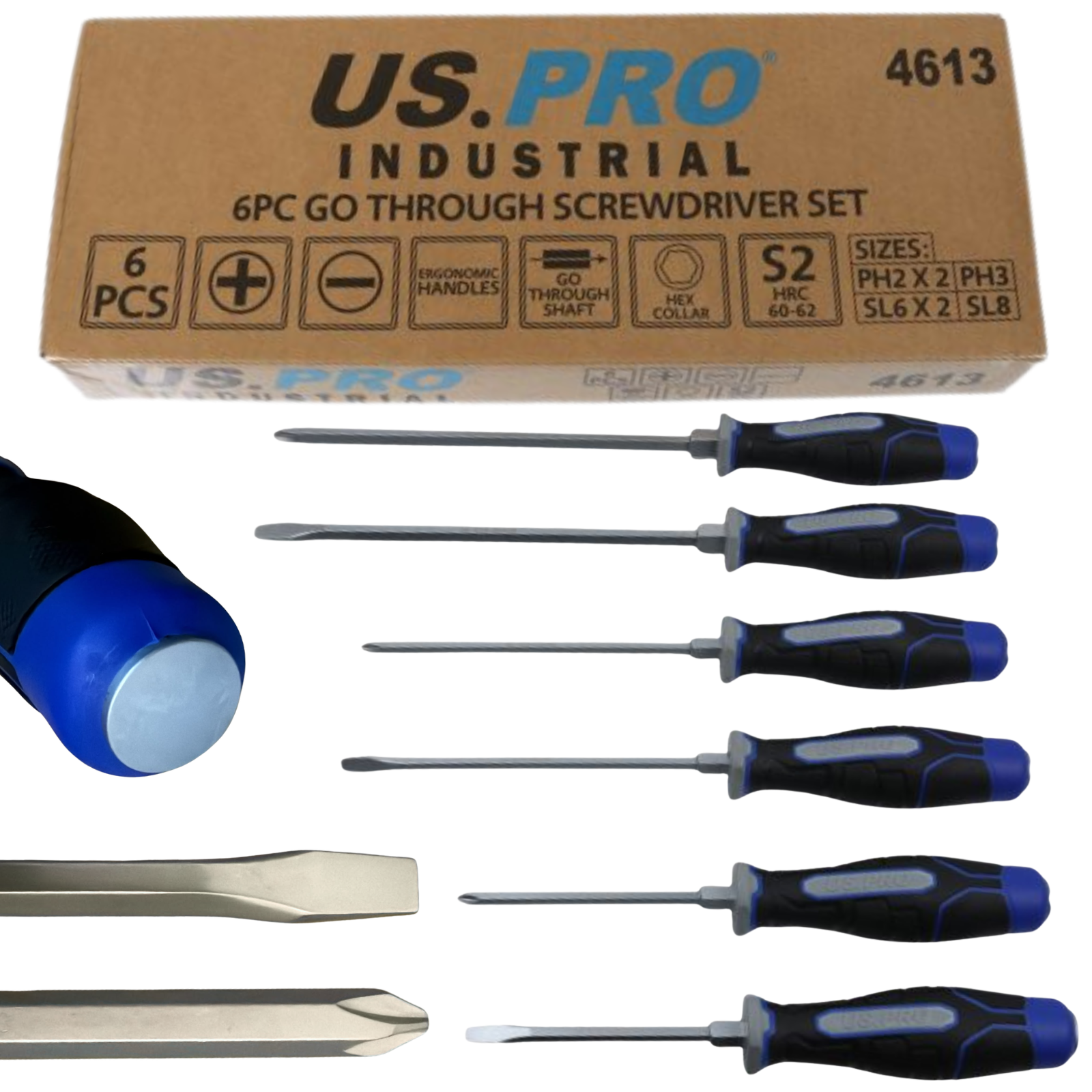 US PRO Industrial 6pc Go Through Screwdriver Set S2 Steel Strike Cap - 4613