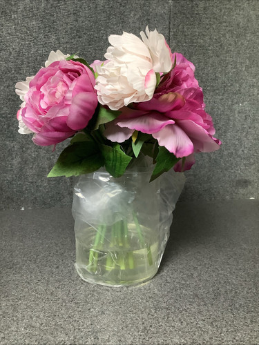 13" Künstliche Pfingstrose Gesteck Glas Faux Wasser Fuchsia M2D - Bild 1 von 2