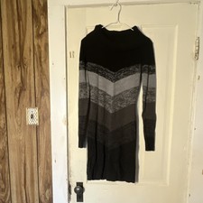 BCX Chevron Knit Sweater Dress Turtleneck Long Sleeve Black Gray Size S