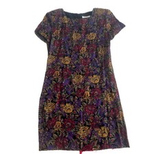 Vintage 80s Floral Sheath Dress Purple Red Yellow Sz 4/XS Art Deco Formal Fall