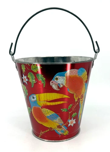 VTG 1960s OHIO ART Tin Litho Iridescent Sand Pail Toy Tropical Birds Parrots