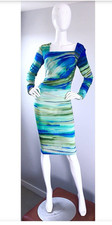 Escada Women 34 EU S US Dress Long Sleeve Squareneck Watercolor Ombre Green Blue