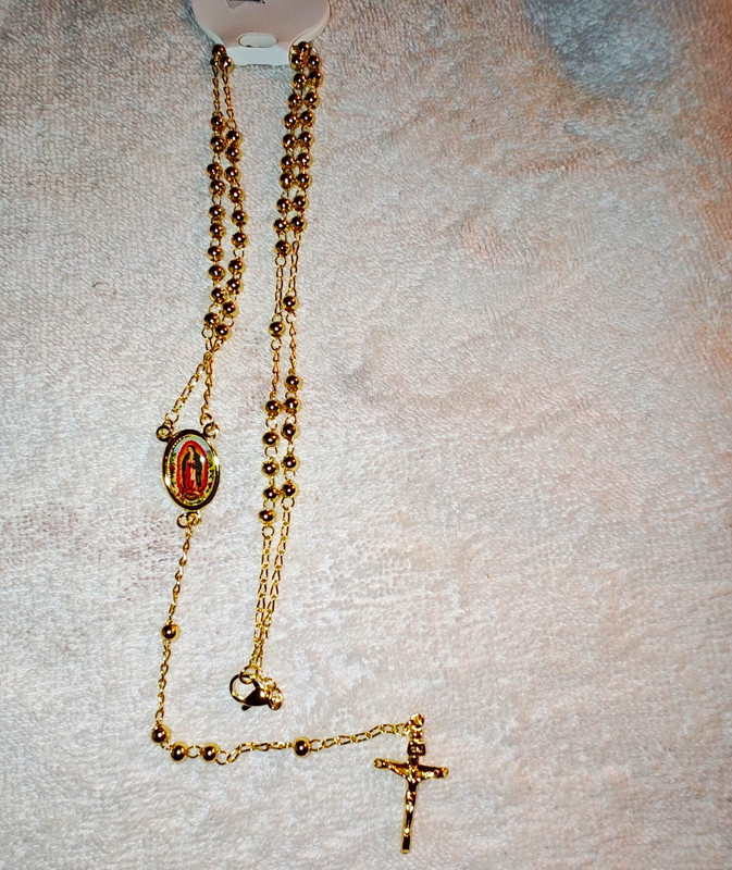 Gold Tone Our Lady of Guadalupe Rosary Necklace w/ Crucifix