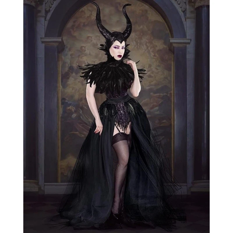 Delux Maleficent Costume Tulle Skirt Feather Cape Horns Halloween Outfit New - Image 4 of 4