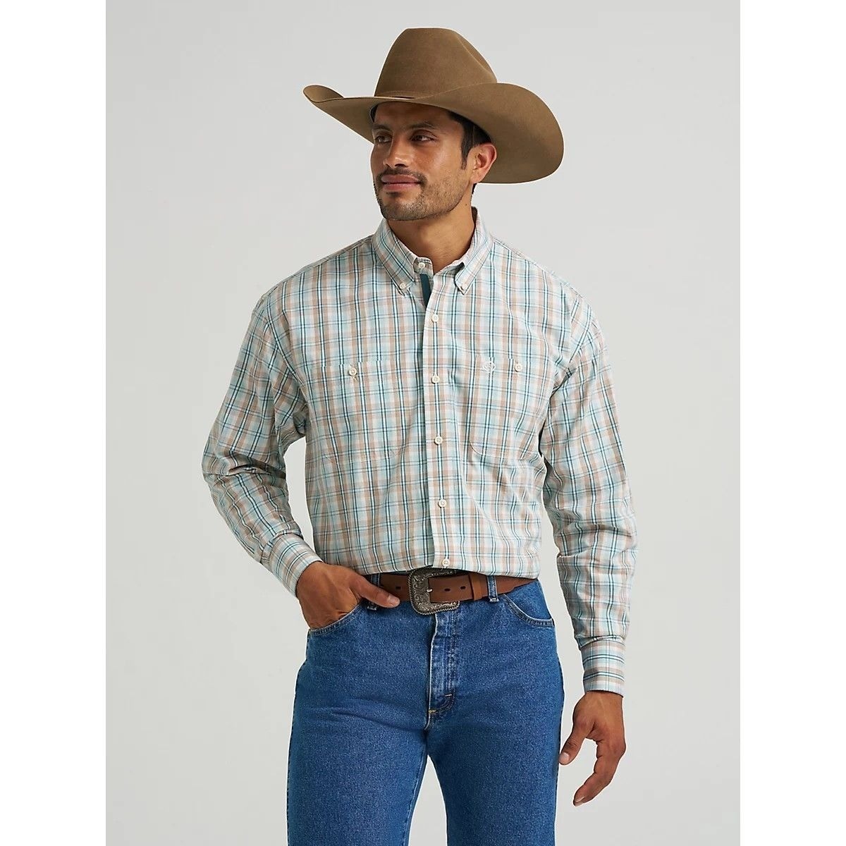 Wrangler George Strait Men's Plaid Button Shirt Nile Blue 112368206