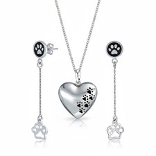 Set of 2 Pet BFF Black Enamel Paw Dangle  Heart Stud Earrings Sterling Silver