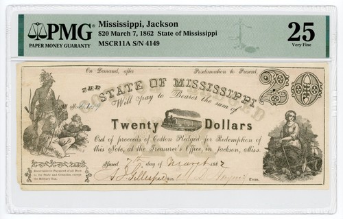 1862 Cr.11A $20 The State of MISSISSIPPI "Cotton Pledged" Note - PMG VF 25