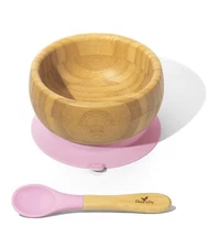 Avanchy Bamboo Baby Bowl Spoon Removable Silicone Suction Base Non Toxic - Pink
