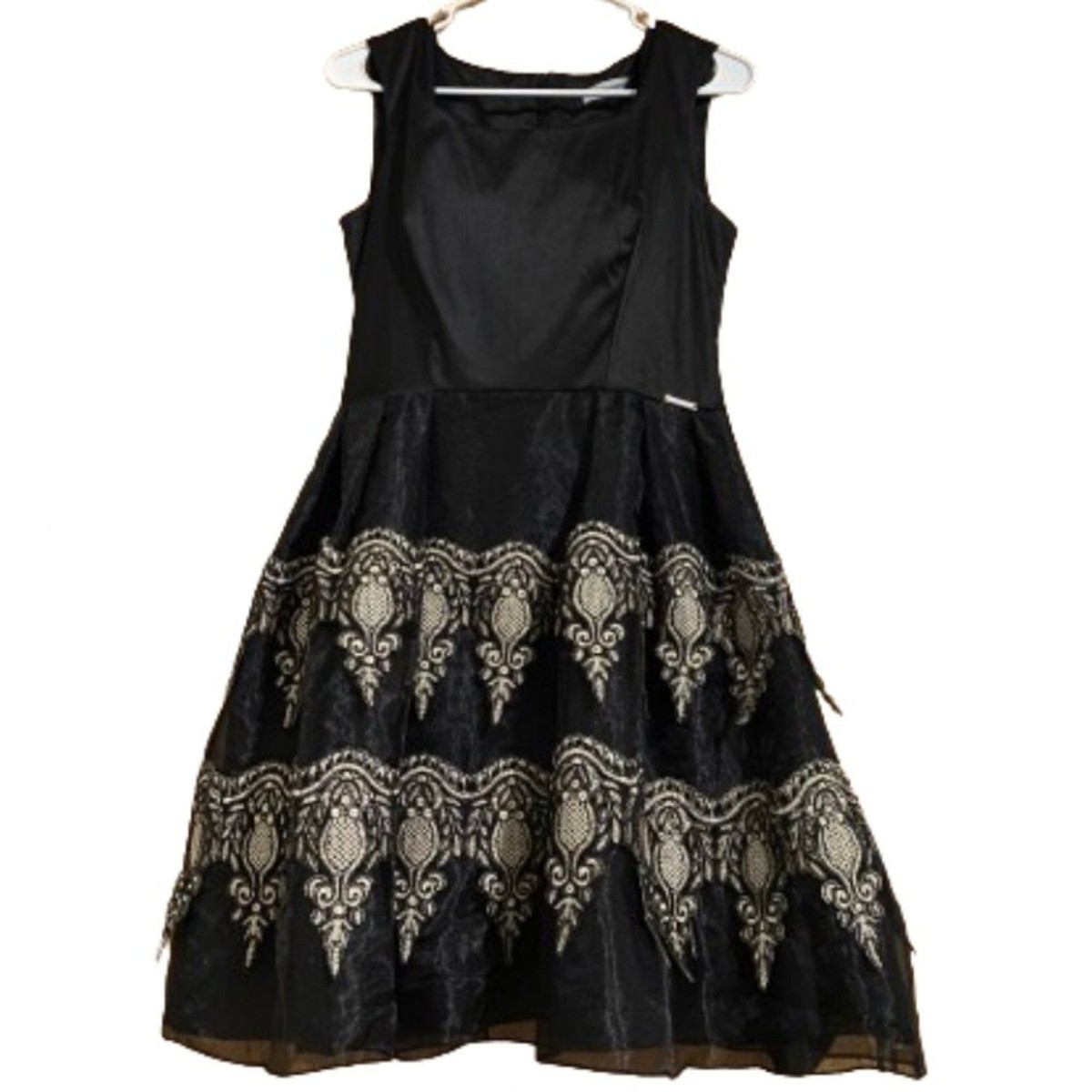 black embroidered cocktail dress Classic Gothic Black Lace Embroidered A-Line Formal Dress With Ruffle Skirt Spaghetti Straps Plus Size Size 24W / Black / With Choker