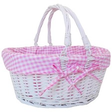 White Wicker Shopping Basket Pink Lining - Nursery Storage Hamper - 41x33x18cm
