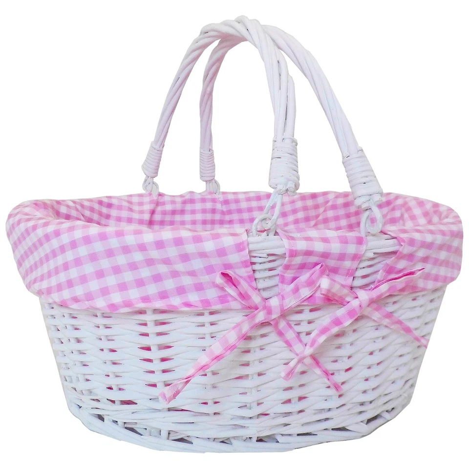 JAFFA IMPORTS White Wicker Shopping Basket Pink Lining - Nursery Storage Hamper - 41x33x18cm