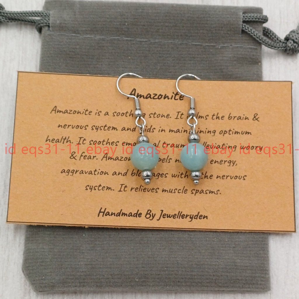 Handmade Amazonite Crystal Healing Gemstone Chakra 8mm Bead Hook Earrings