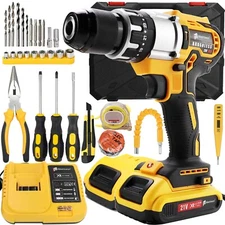 Cordless Compact Impact Driver Hammer Drill Combo Kit with 2 Battery & Charger
