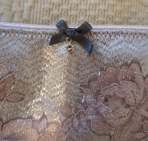 VTG Victoria Secret Wide Lace Thong Panty Metallic Floral Cage Back MED - Picture 3 of 13