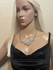 Vintage Silver Tone Crystal Rhinestone Necklace And Earrings Bridal Prom Jewelry