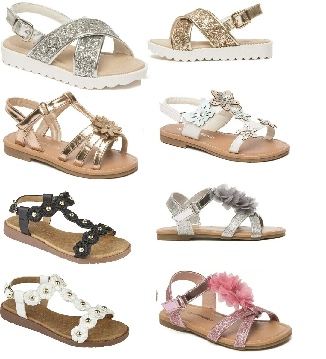 Girls Flat Sandals Kids Flower Glitter Strappy Walking Casual Summer Size UK 4 2