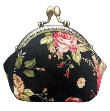 Vintage Floral Kiss Lock Coin Purse Women Canvas Clasp Change Wallet Pouch Black