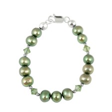 925 Silver Green Freshwater Pearls Green European Crystals Baby Bracelet, 5"