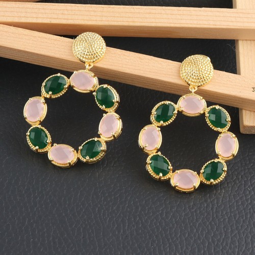 Checker Cut Chalcedony Quartz Gold Plated Wedding Jewelry Stud Dangle Earrings - Picture 62 of 64