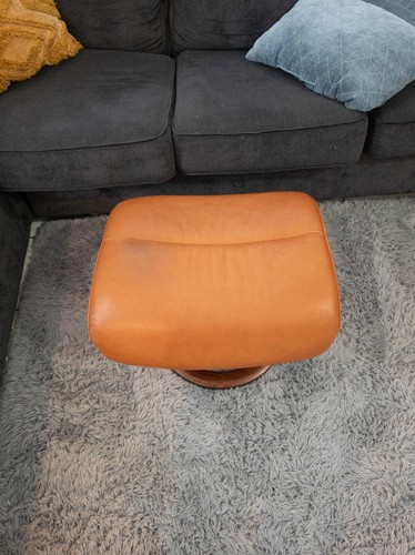 Ekornes Stressless Orange Colored Leather Ottoman | Tilt Function | Wood Base